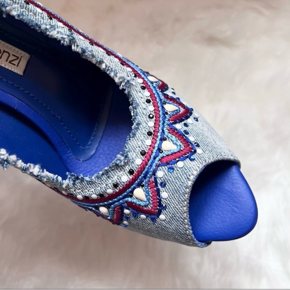 New! GIANMATCO LORENZI Denina Embellished Denim Peep Toe Pumps - Picture 11 of 12